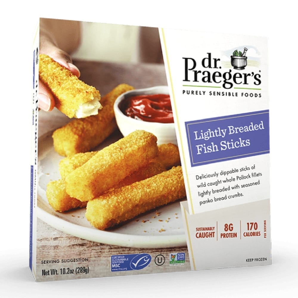 slide 1 of 1, Dr. Praeger's Lightly Coated with Panko Bread Crumbs Fish Sticks, 13 oz