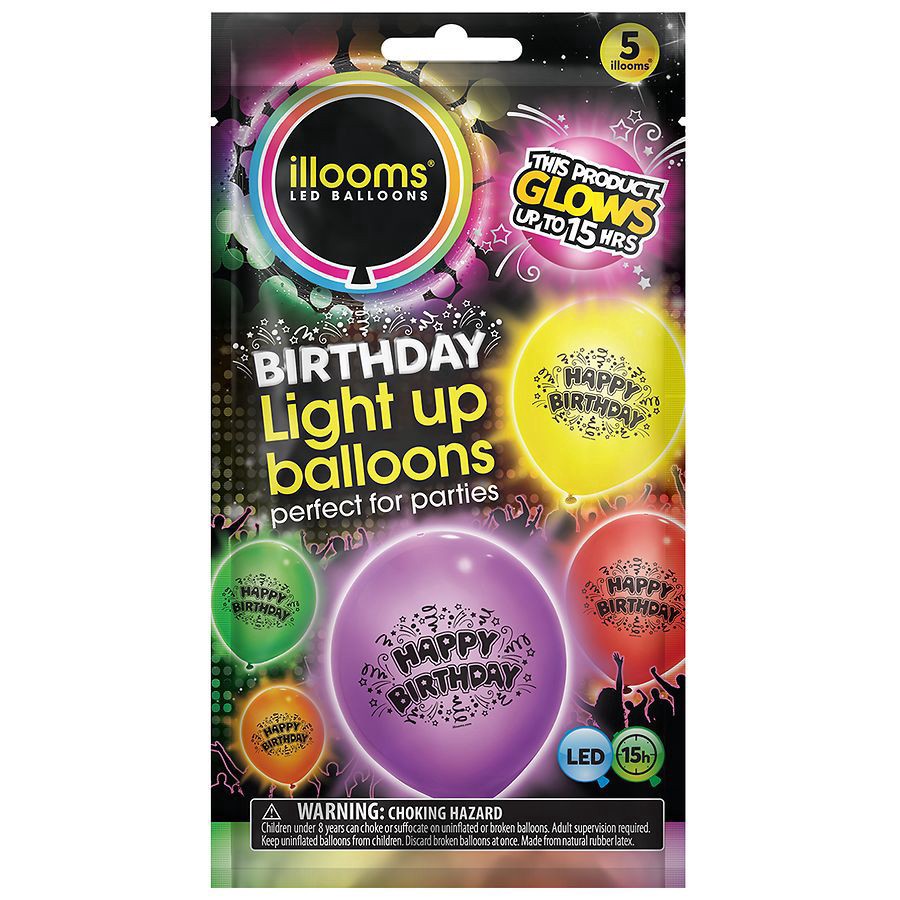 slide 1 of 3, illooms LED Light Up Happy Birthday Balloon, 5 ct