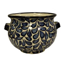 Blue Orange Pottery Beige & Navy Leaf Olla Planter