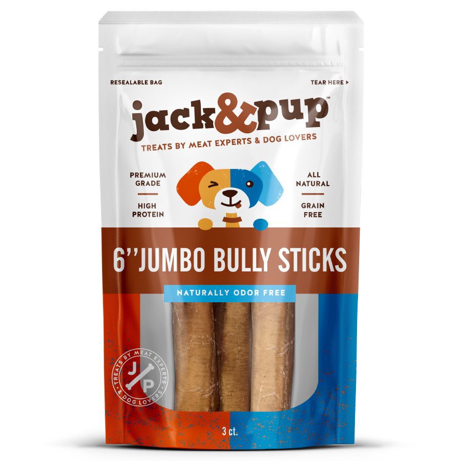 slide 1 of 1, Jack & Pup 6 " Jumbo Bully Sticks Dog Chews, 3 ct