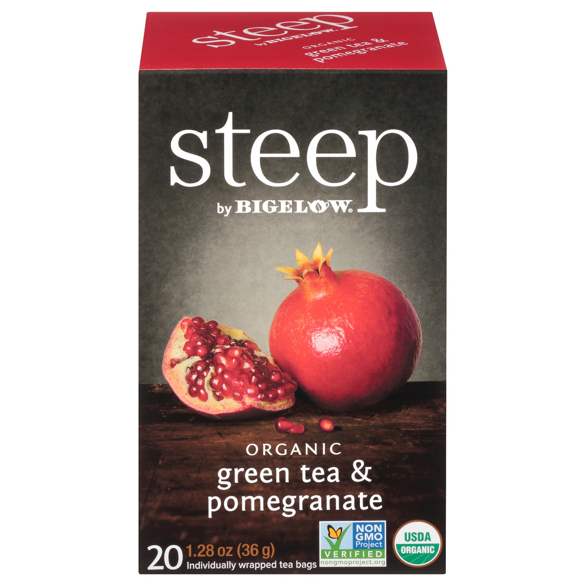 slide 1 of 9, Bigelow Steep With Bigelow Organic Green Tea With Pomegranate Tea Bags 20Pk, 1.28 oz