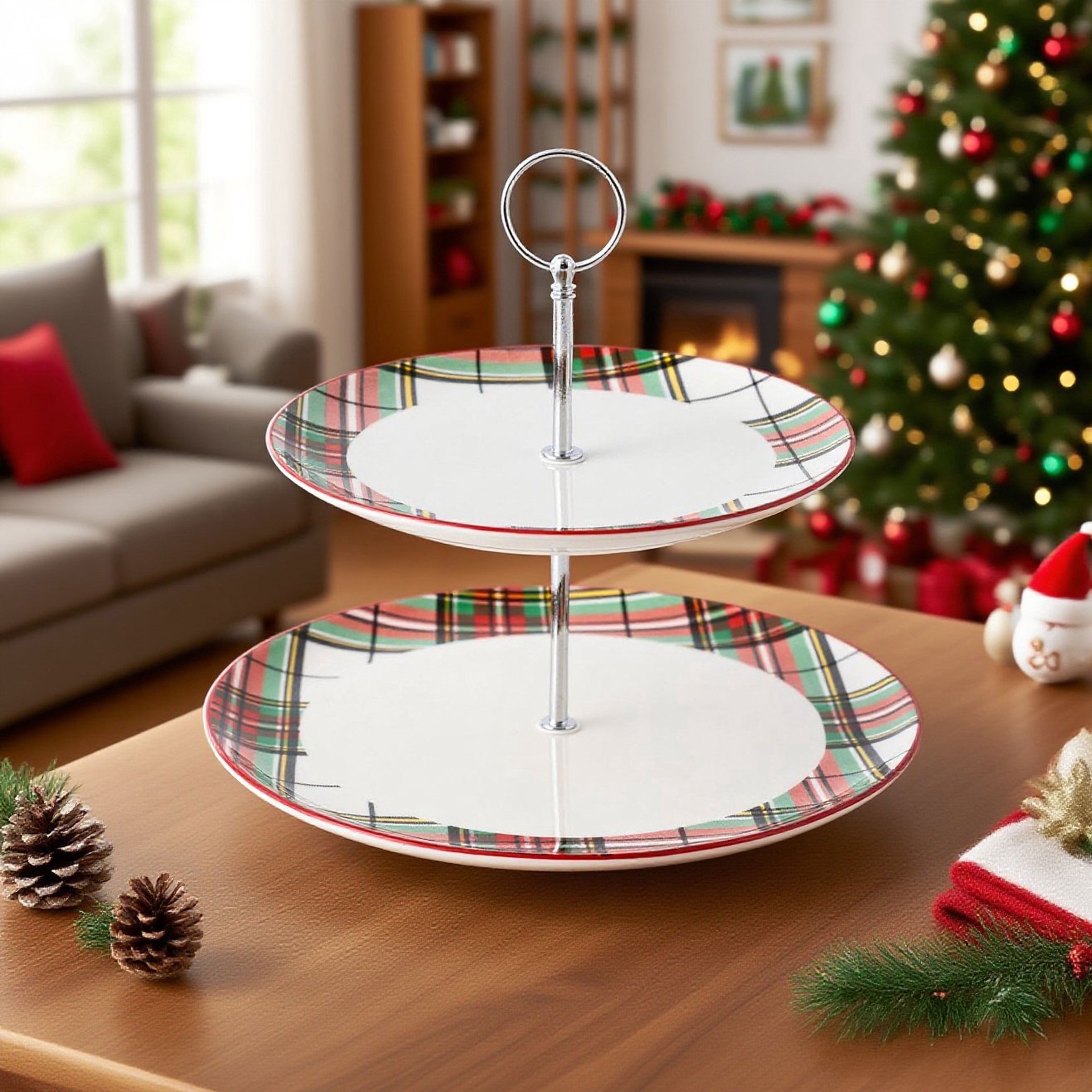 slide 2 of 4, 9.25" Christmas Plaid 2-Tier Ceramic Tray By Ashland, 9.25 in