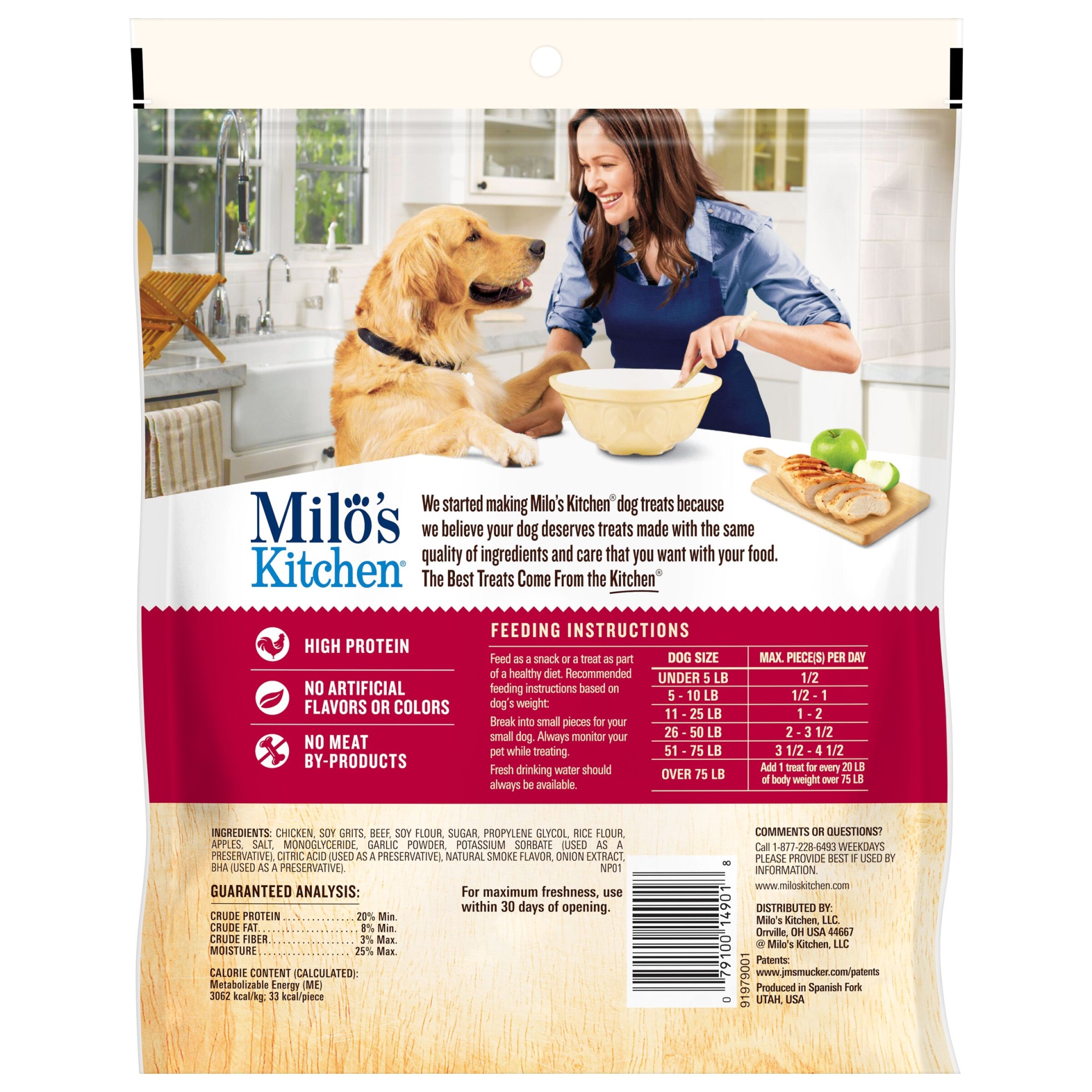 slide 2 of 4, Milo's Kitchen Chicken and Apple Sausage Slice Chewy Dog Treats, 18 oz