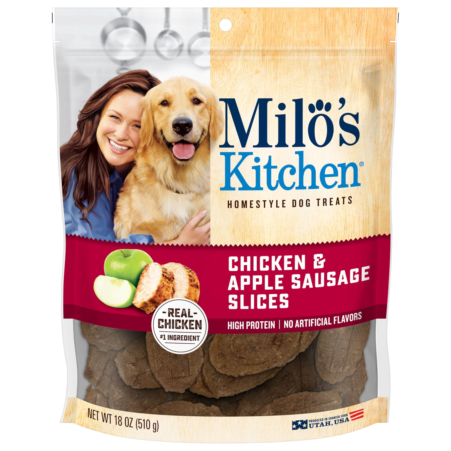 slide 1 of 4, Milo's Kitchen Chicken and Apple Sausage Slice Chewy Dog Treats, 18 oz