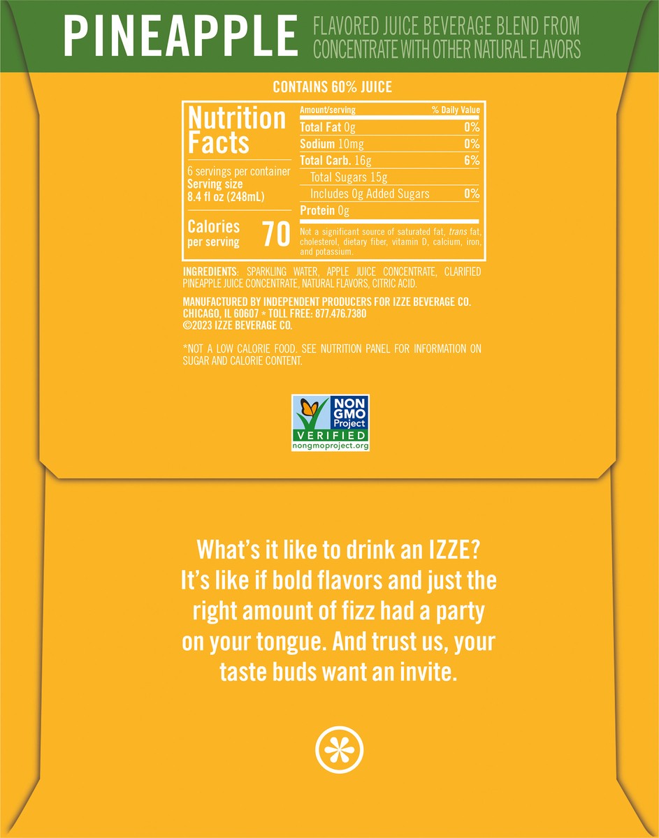 slide 10 of 13, IZZE Sparkling Juice Beverage Blend, Pineapple, 8.4 Fl Oz, 6 Count, 6 ct; 8.4 fl oz