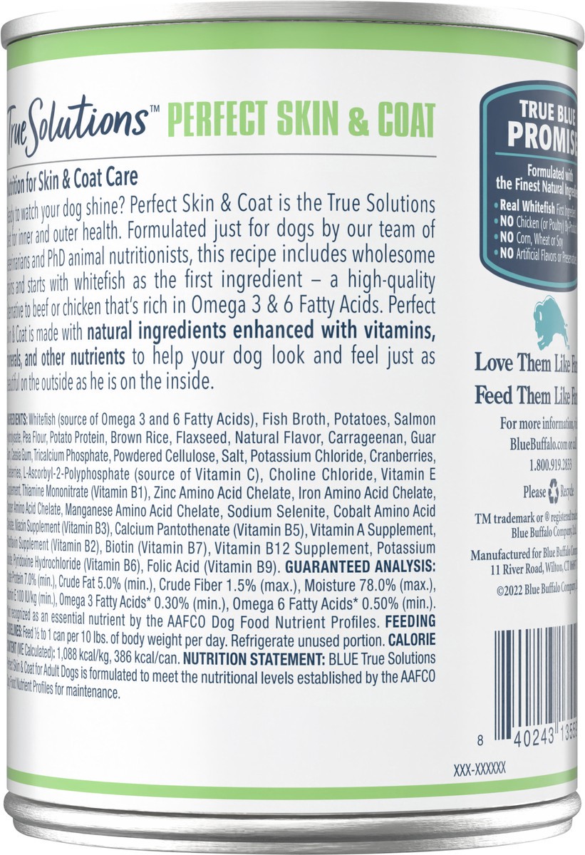 slide 2 of 3, Blue Buffalo True Solutions Perfect Skin & Coat Natural Adult Wet Dog Food, Whitefish 12.5-oz Can, 12.5 oz