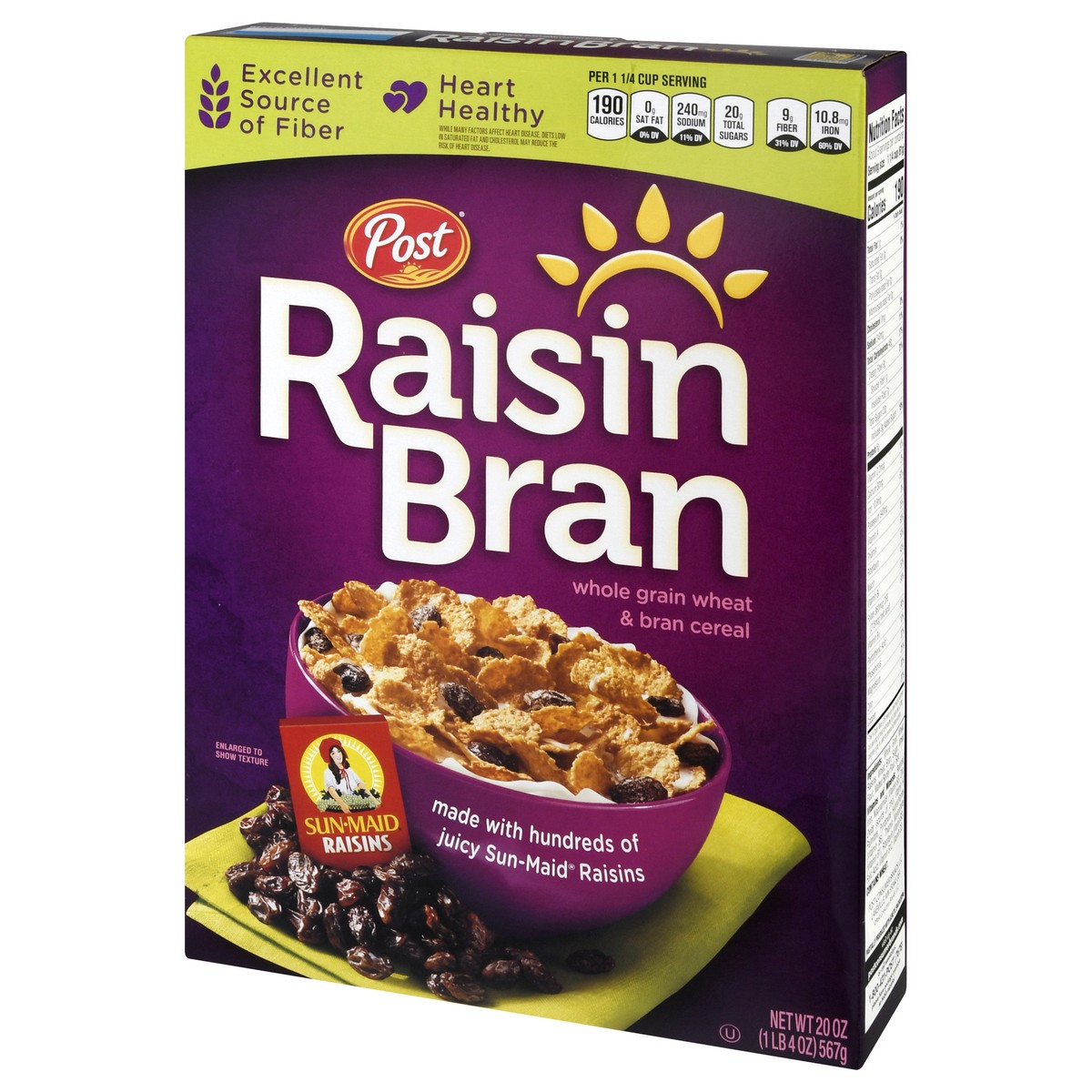 slide 2 of 9, Post Raisin Bran, Whole Grain Wheat & Bran Breakfast Cereal, Kosher, 20 Ounce, 20 oz