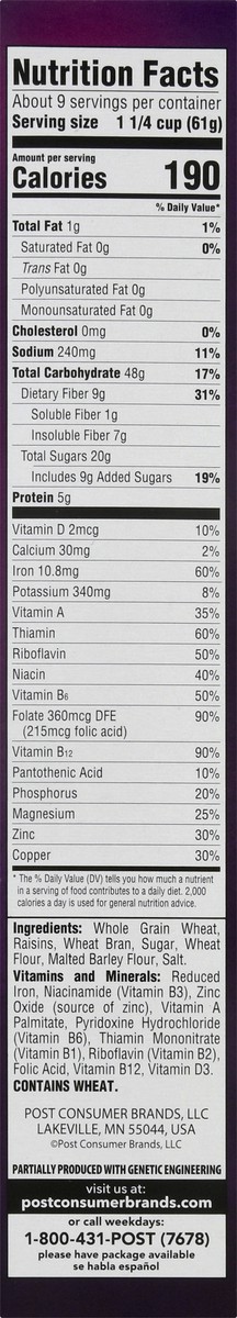 slide 6 of 9, Post Raisin Bran, Whole Grain Wheat & Bran Breakfast Cereal, Kosher, 20 Ounce, 20 oz