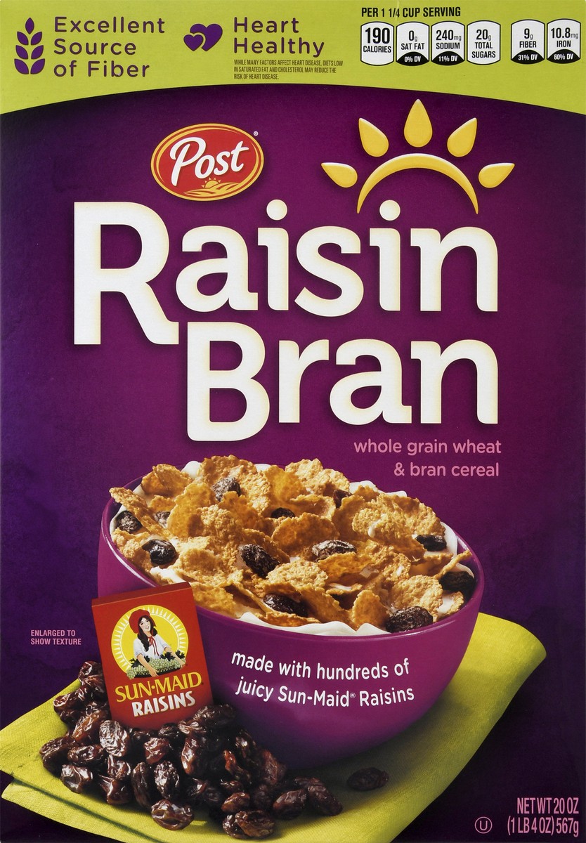 slide 1 of 9, Post Raisin Bran, Whole Grain Wheat & Bran Breakfast Cereal, Kosher- 20 oz, 20 oz