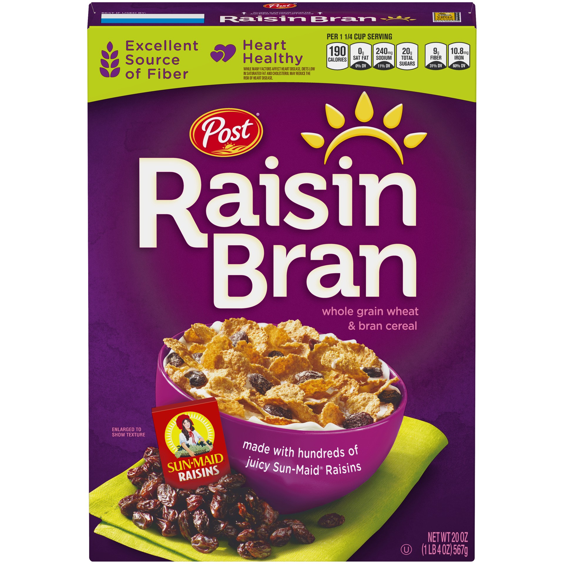 slide 1 of 9, Post Raisin Bran, Whole Grain Wheat & Bran Breakfast Cereal, Kosher, 20 Ounce, 20 oz