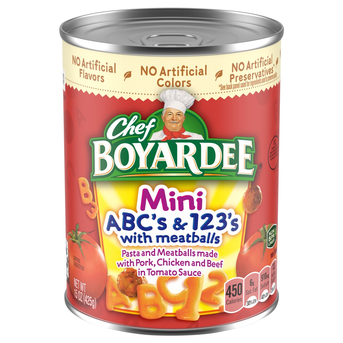 slide 1 of 5, Chef Boyardee Mini ABC's and 123's with Meatballs in Tomato Sauce, Ready-to-Eat Meal, 15 oz. Can, 15 oz