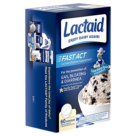 slide 1 of 1, Lactaid Fast Act Lactase Enzyme Supplement Chewables Vanilla Twist Flavor, 60 ct