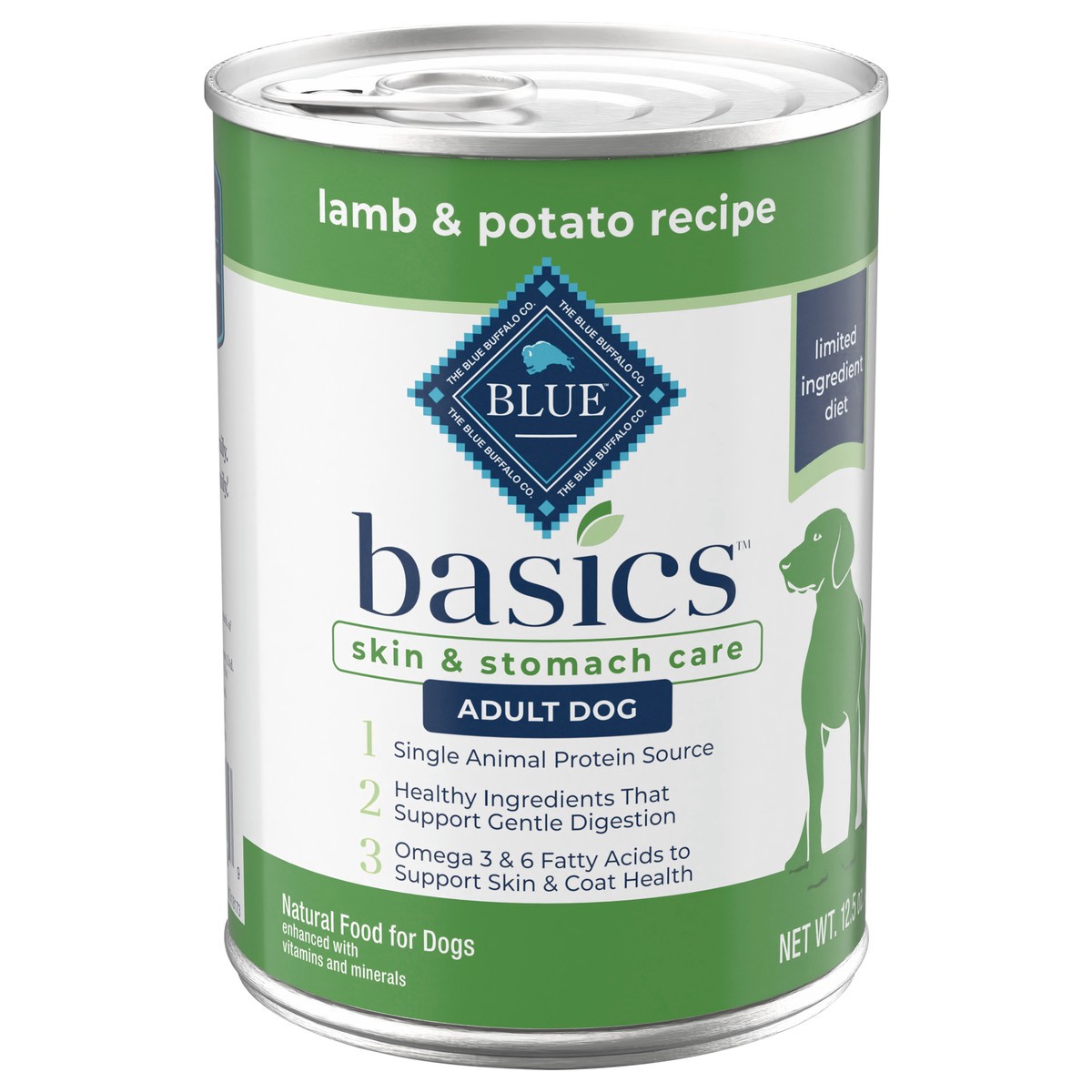 slide 1 of 9, Blue Buffalo Basics Skin & Stomach Care, Grain Free Natural Adult Wet Dog Food, Lamb 12.5-oz Can, 12.5 oz