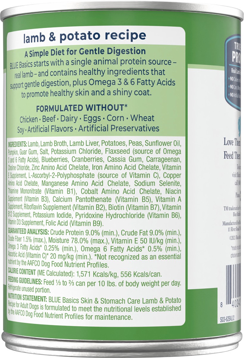 slide 5 of 9, Blue Buffalo Basics Skin & Stomach Care, Grain Free Natural Adult Wet Dog Food, Lamb 12.5-oz Can, 12.5 oz