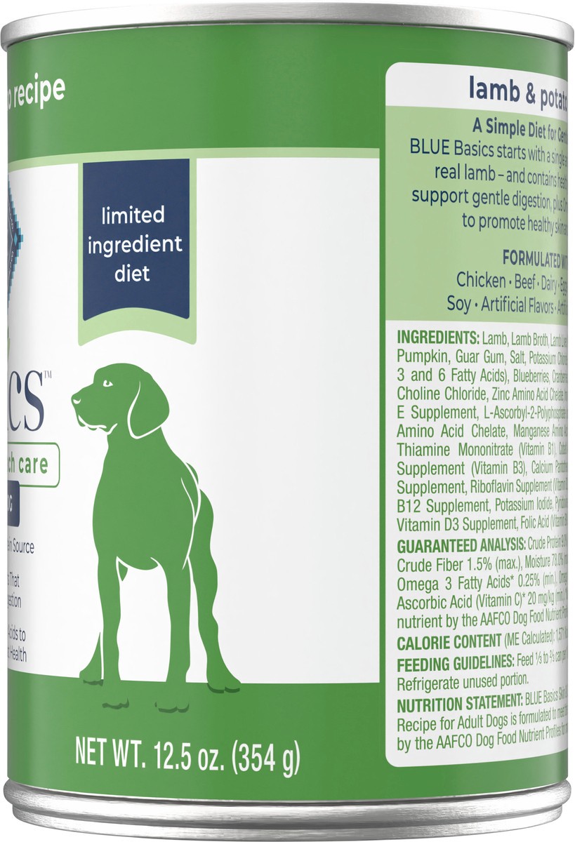 slide 8 of 9, Blue Buffalo Basics Skin & Stomach Care, Grain Free Natural Adult Wet Dog Food, Lamb 12.5-oz Can, 12.5 oz