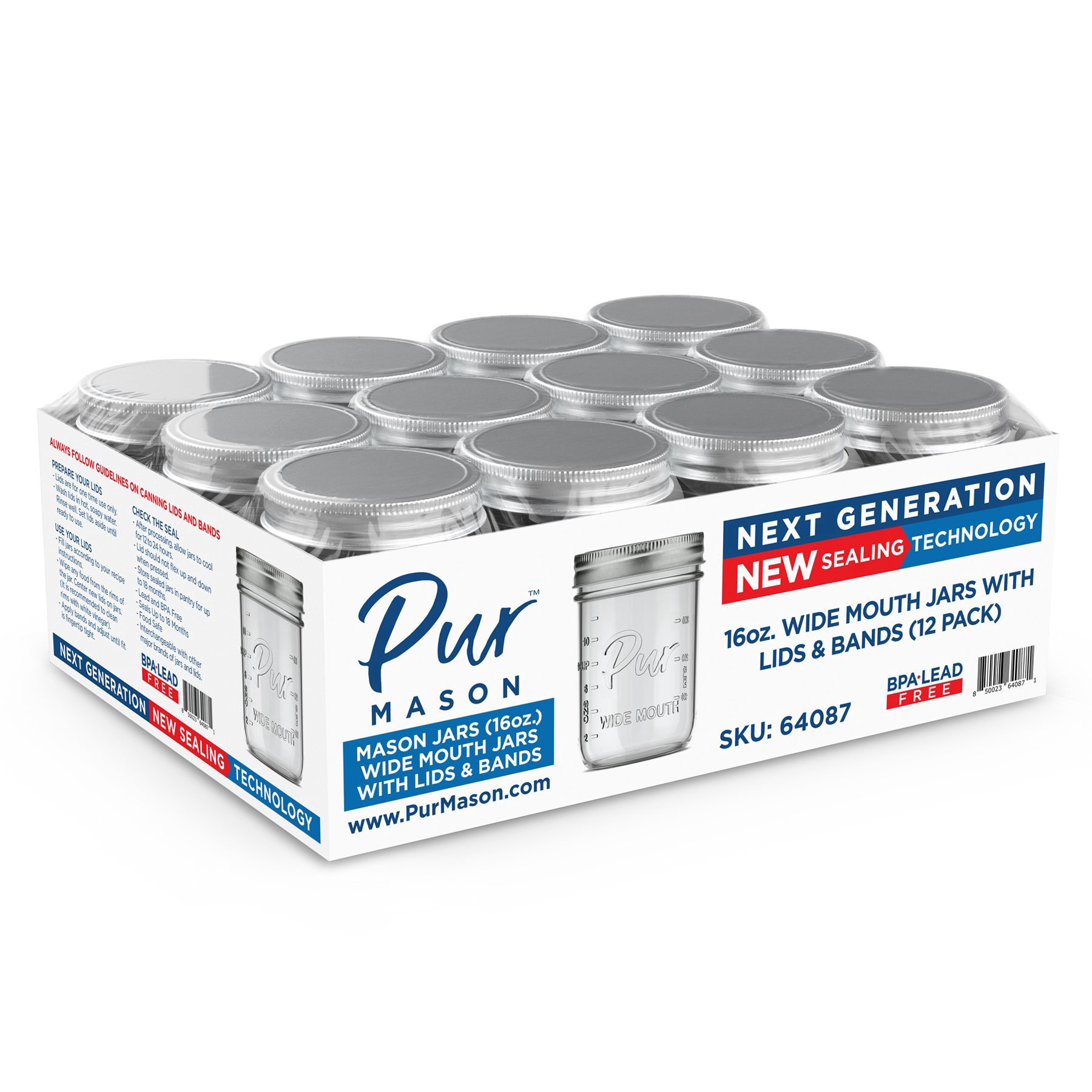 slide 1 of 1, Pur Mason 16 Ounce Wide Mouth Jars with Lids & Bands 12 ea, 12 ct
