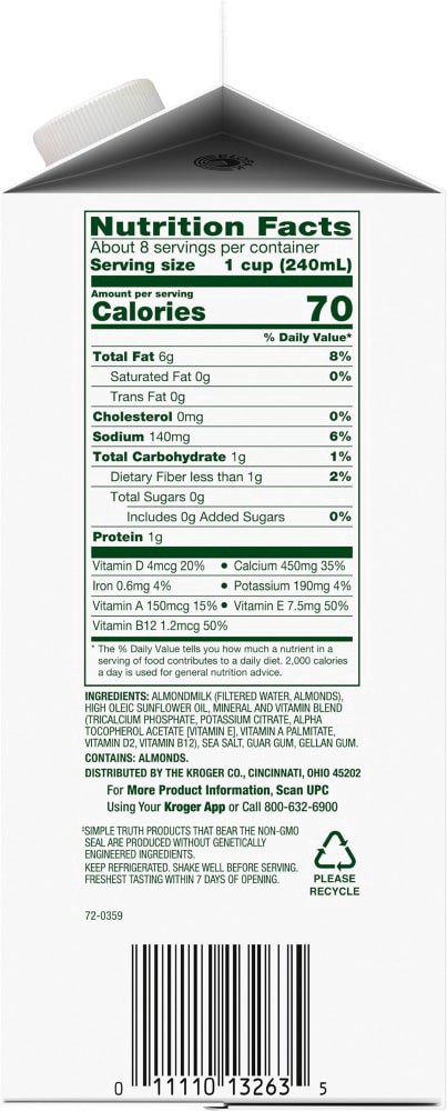 slide 2 of 4, Simple Truth Extra Creamy Almond Milk, 64 fl oz