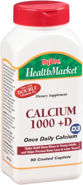 slide 1 of 1, Hy-Vee HealthMarket Calcium 1000 +D Dietary Supplement Coated Caplets, 90 ct