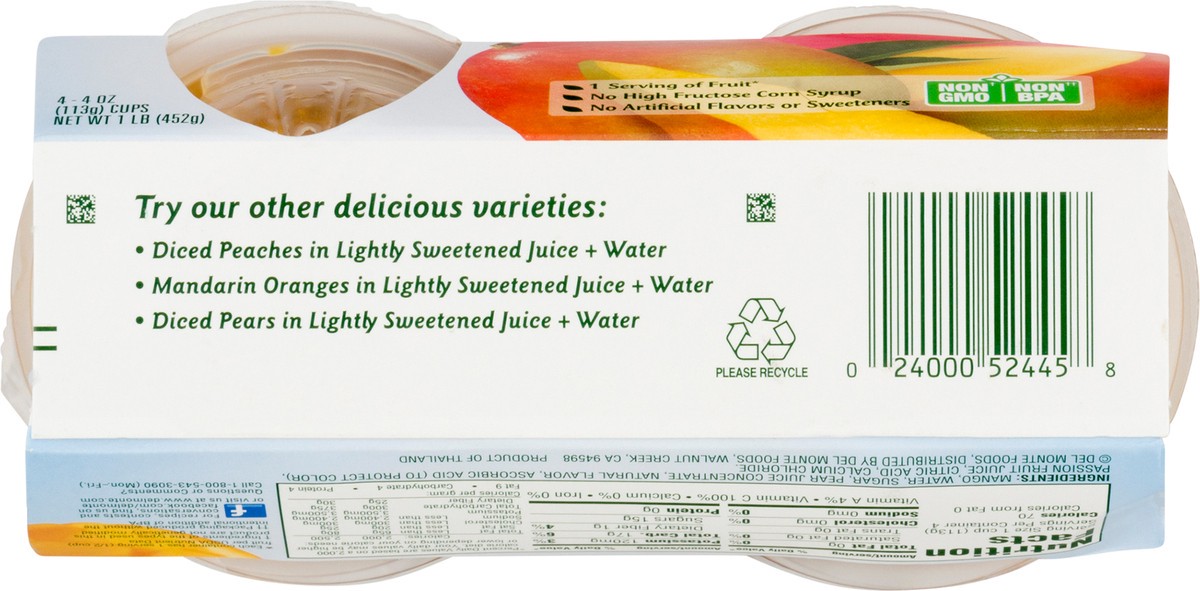 slide 13 of 13, Del Monte Diced Mango Fruit Cup Snacks in 100% Fruit Juice, 4 oz Cup (Pack of 4), 4 ct