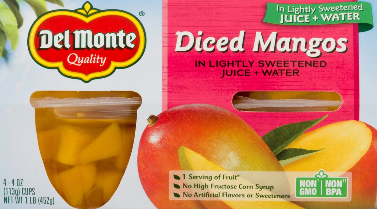 slide 5 of 13, Del Monte Diced Mango Fruit Cup Snacks in 100% Fruit Juice, 4 oz Cup (Pack of 4), 4 ct