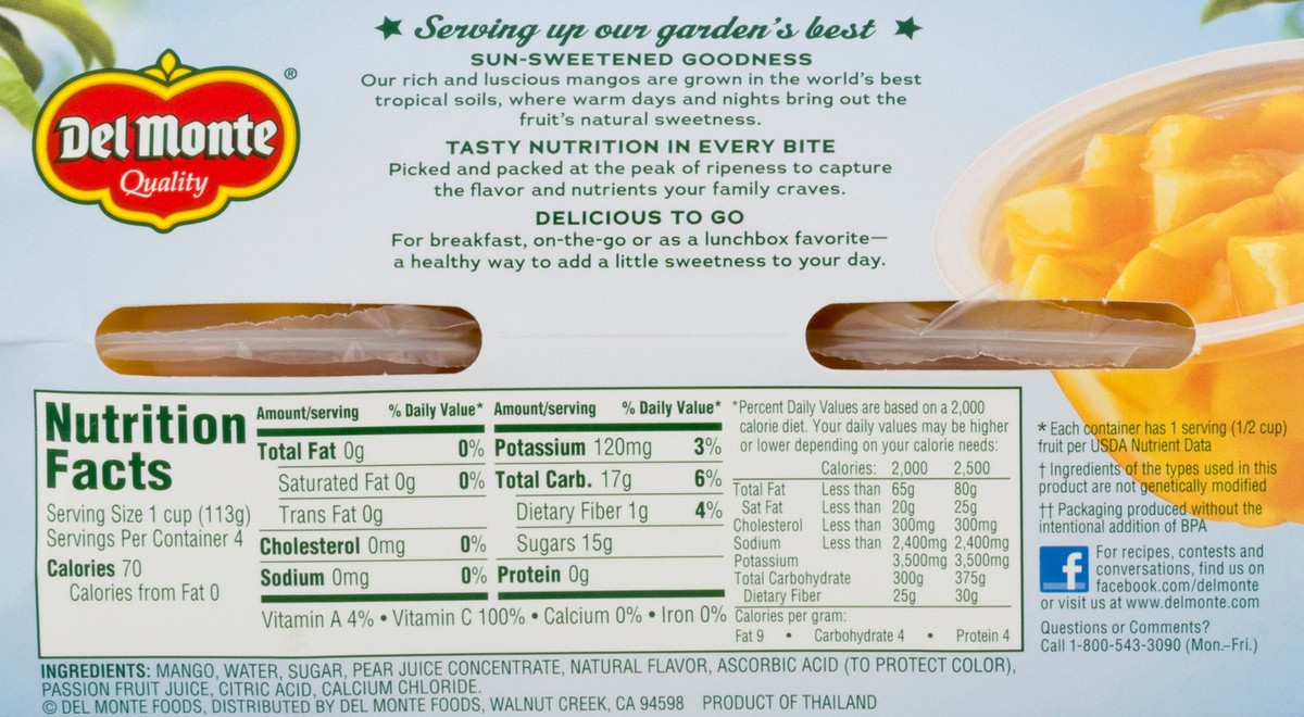 slide 2 of 13, Del Monte Diced Mango Fruit Cup Snacks in 100% Fruit Juice, 4 oz Cup (Pack of 4), 4 ct