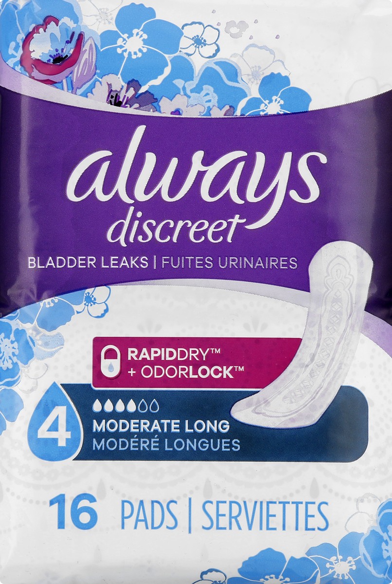 slide 8 of 8, Always Discreet Pads, Moderate Long, 16 ct