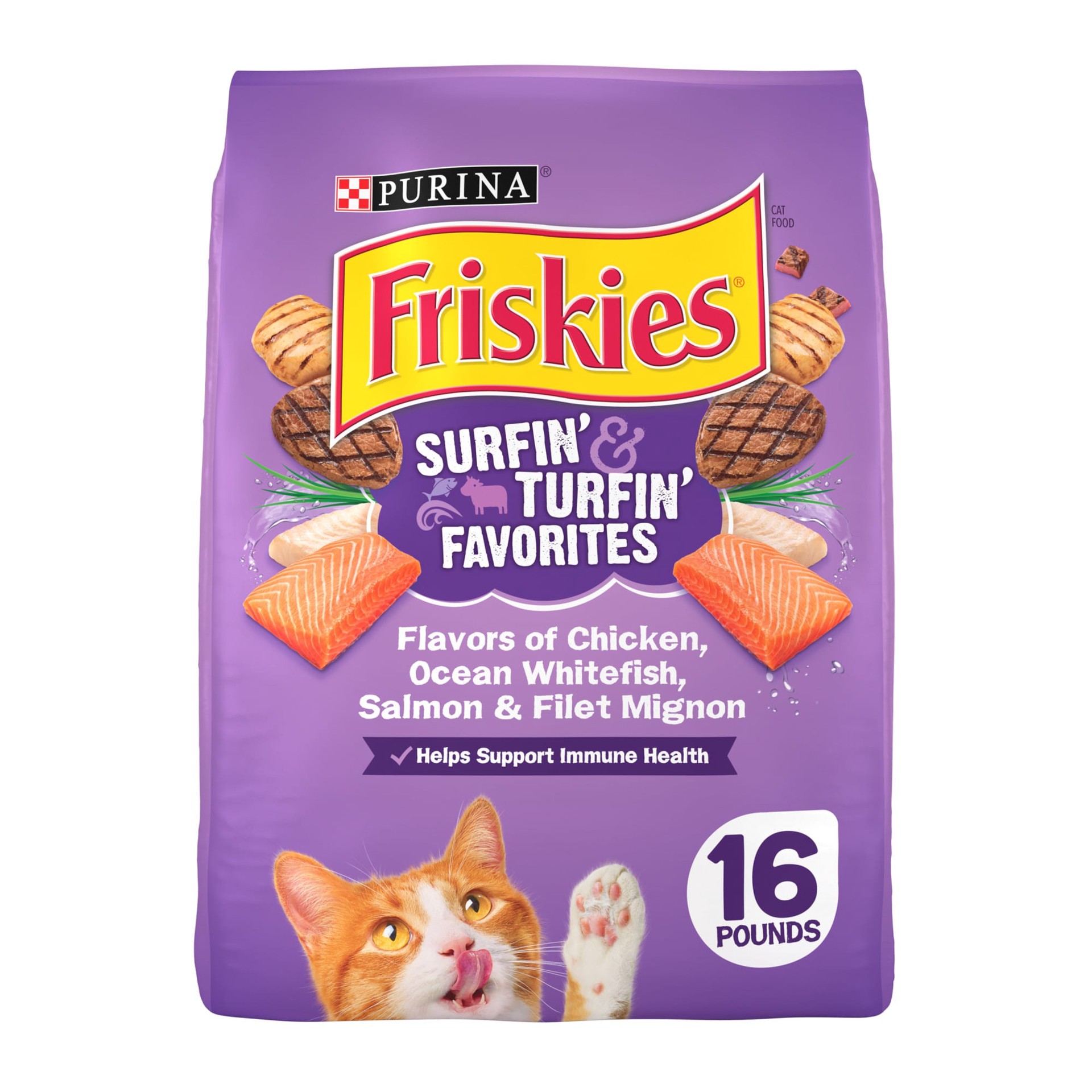 slide 1 of 9, Friskies Purina Friskies Cat Food Surfin and Turfin Favorites Flavors of Chicken, Whitefish, Salmon and Filet Mignon - 16 lb. Bag, 16 lb