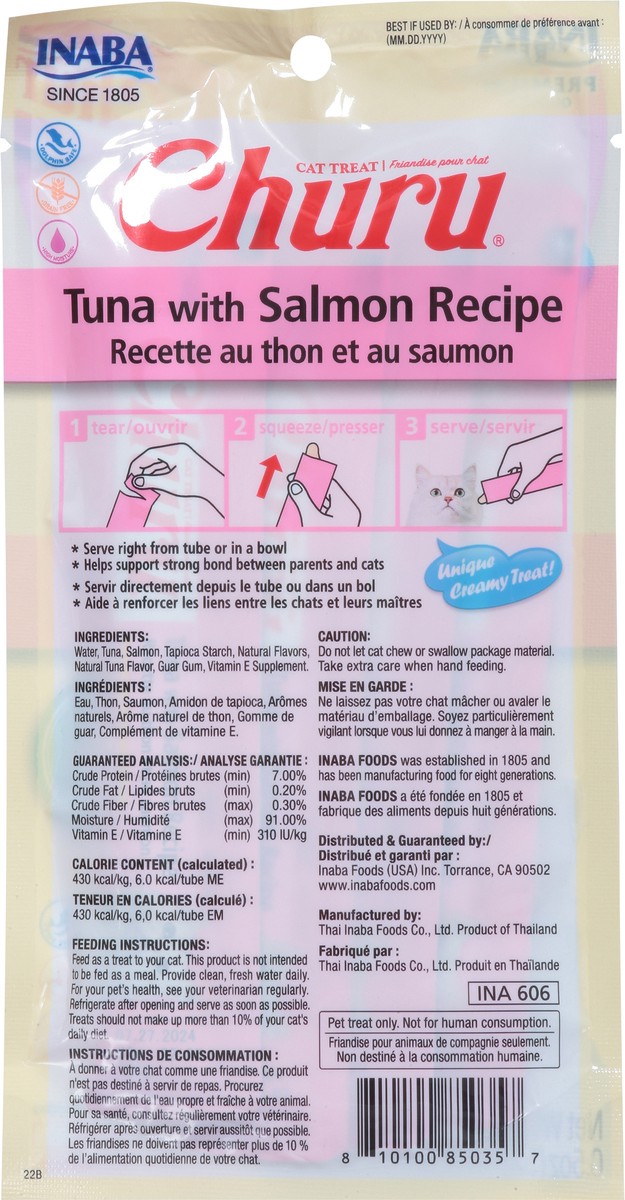 slide 4 of 9, Inaba Tuna with Salmon Recipe Cat Treats 4 - 0.5 oz Tubes, 4 ct