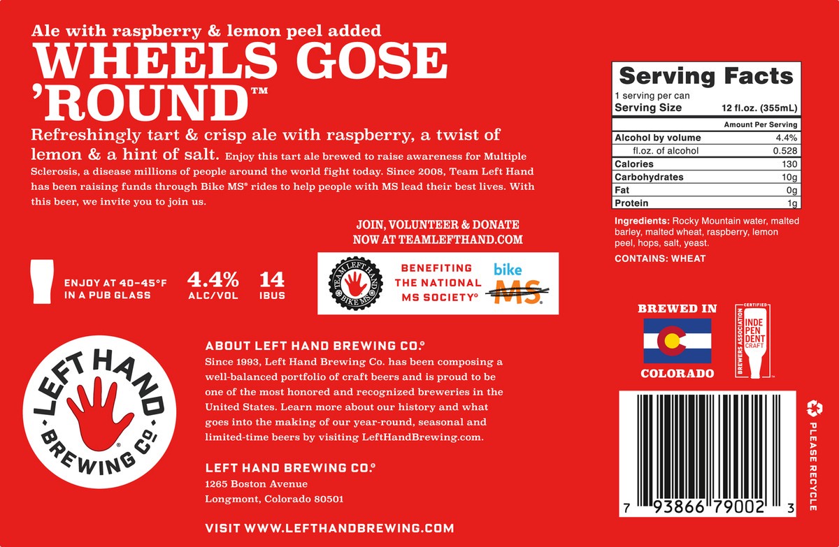 slide 5 of 9, Left Hand Brewing Co. 6 Pack Wheels Gose 'Round Raspberry & Lemon Peel Beer 6 ea, 6 ct