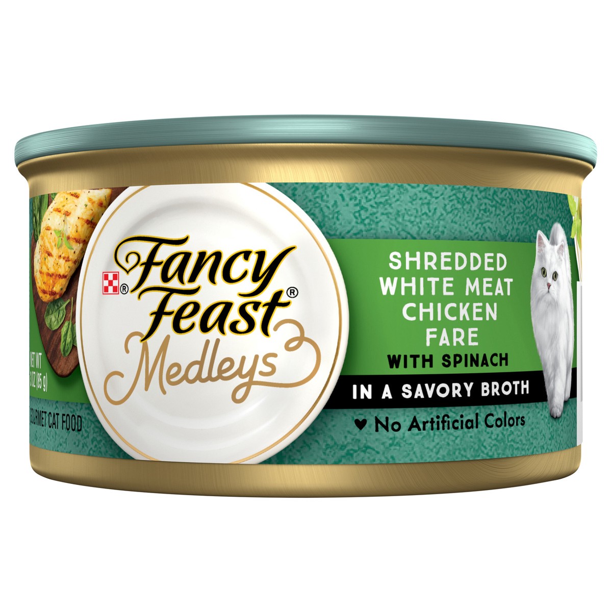 slide 1 of 8, Fancy Feast Purina Fancy Feast Wet Cat Food Medleys Shredded White Meat Chicken Fare With Spinach in Savory Cat Food Broth, 3 oz