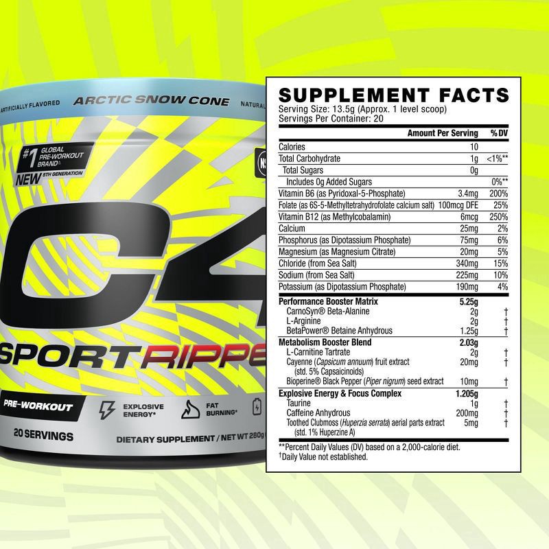 slide 4 of 7, C4 Sport Sport Ripped Arctic Snow Cone Pre-Workout 9.9 oz, 9.9 oz