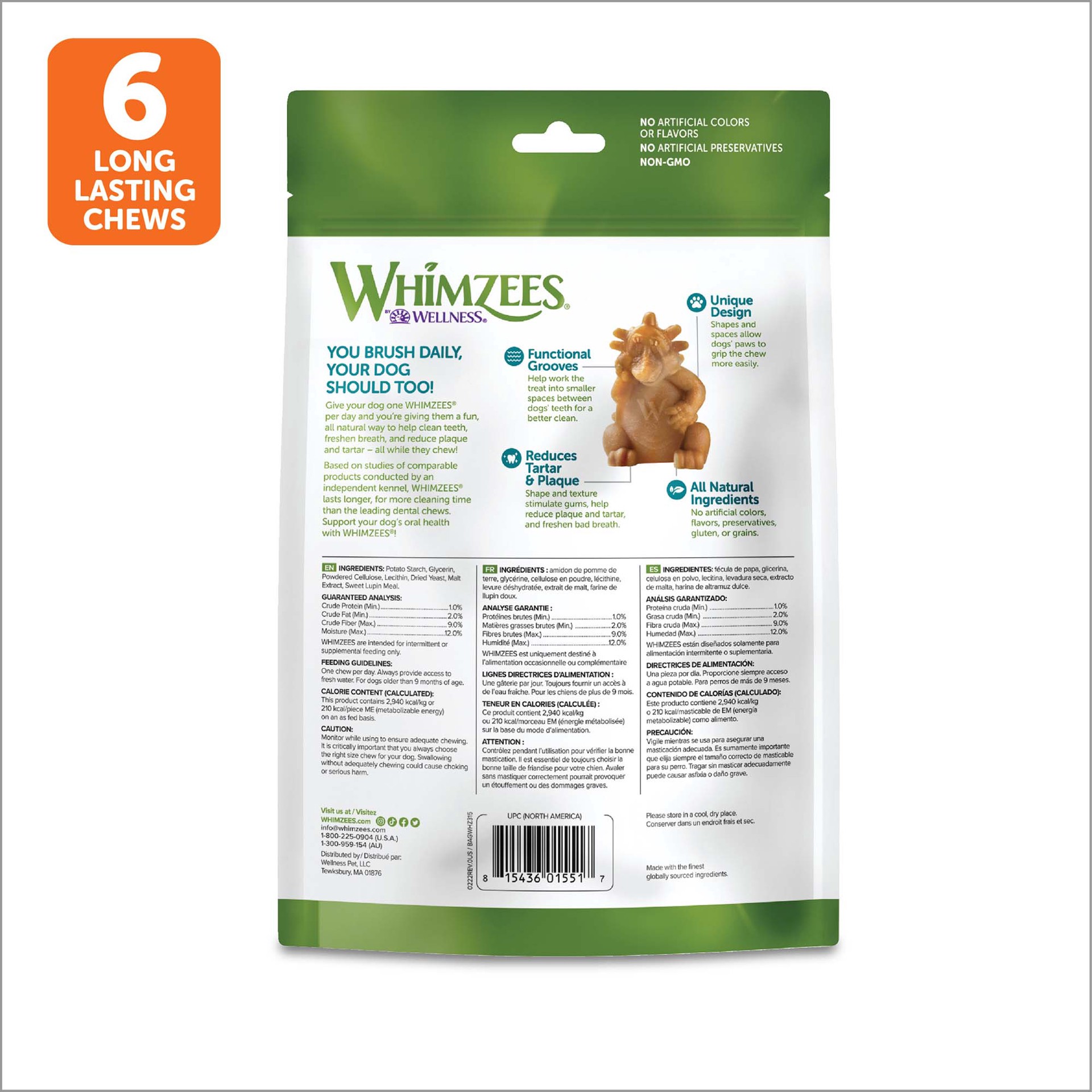 slide 3 of 5, WHIMZEES Wellness Hedgehog Dog Dental Treats, Natural Chews, Large Size, (6 Count), 1 ct