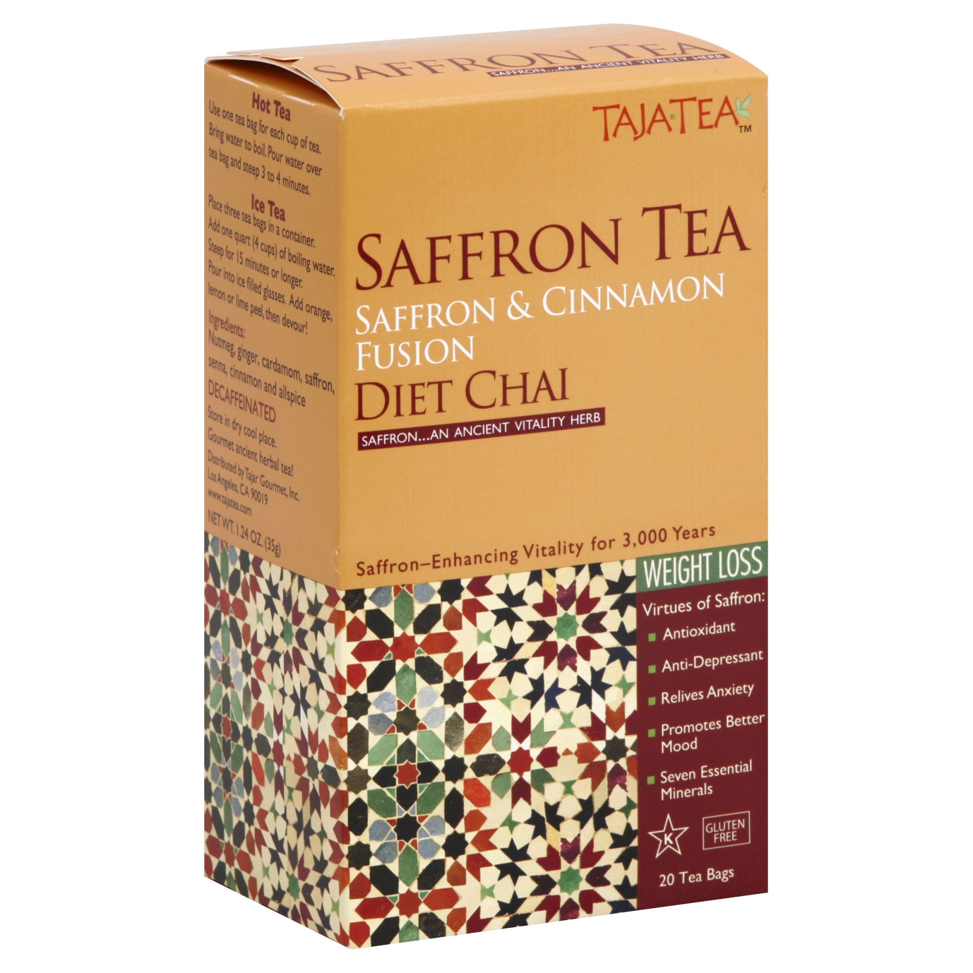 slide 1 of 1, Taja Tea Saffron and Cinnamon Diet Chai, 20 ct