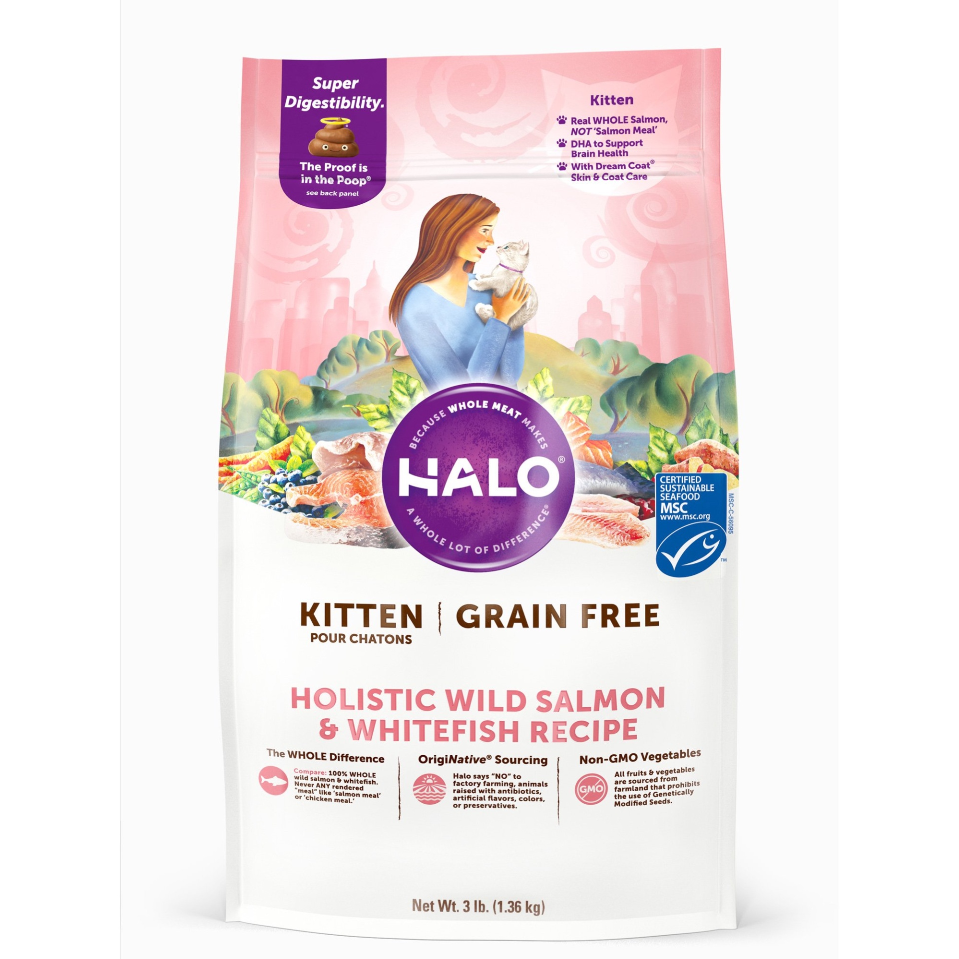 slide 1 of 1, Halo Grain Free Kitten Holistic Wild Salmon & Whitefish Dry Cat Food, 3 lb