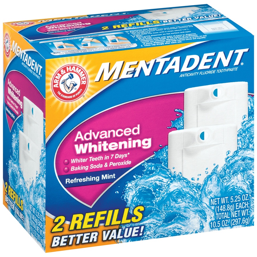 slide 2 of 3, ARM & HAMMER 2 Refills Mentadent Advanced Whitening Toothpaste in Refreshing Mint, 2 ct; 10.5 oz