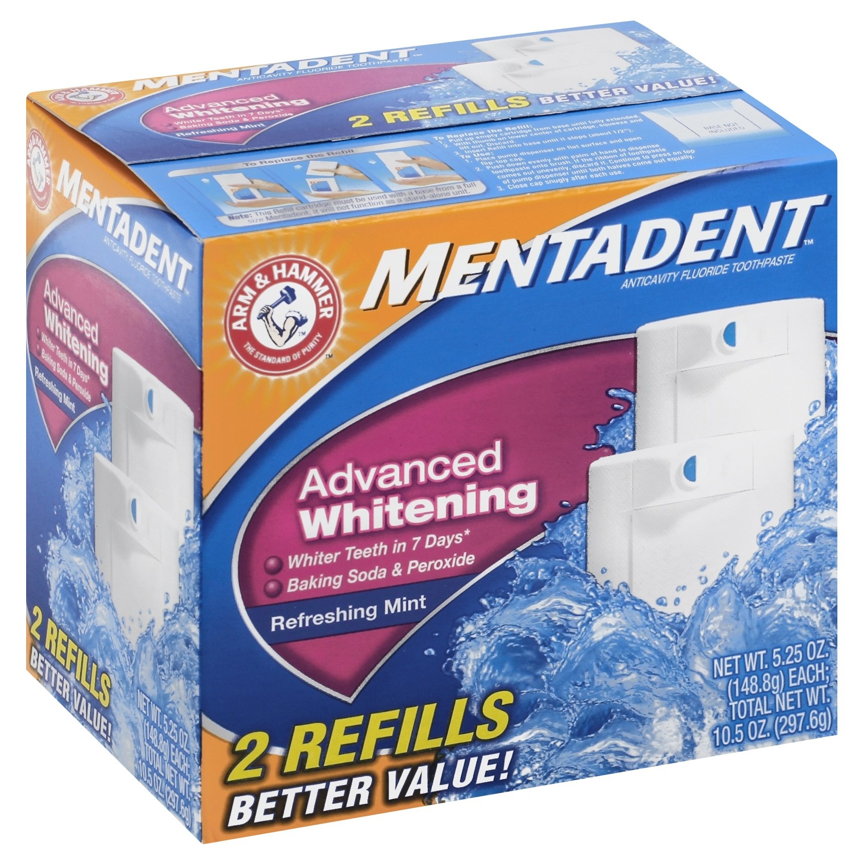 slide 1 of 3, ARM & HAMMER 2 Refills Mentadent Advanced Whitening Toothpaste in Refreshing Mint, 2 ct; 10.5 oz