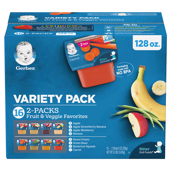 slide 1 of 1, Gerber 2nd Foods Natural for Baby Fruit & Veggie Favorites, Variety Pack, 4 oz Tubs (32 Pack), 8 lb