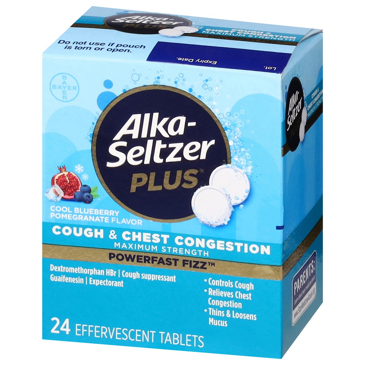 slide 5 of 13, Alka-Seltzer PowerFast Fizz Maximum Strength Cool Blueberry Pomegranate Flavor Cough & Chest Congestion 24 ea, 24 ct