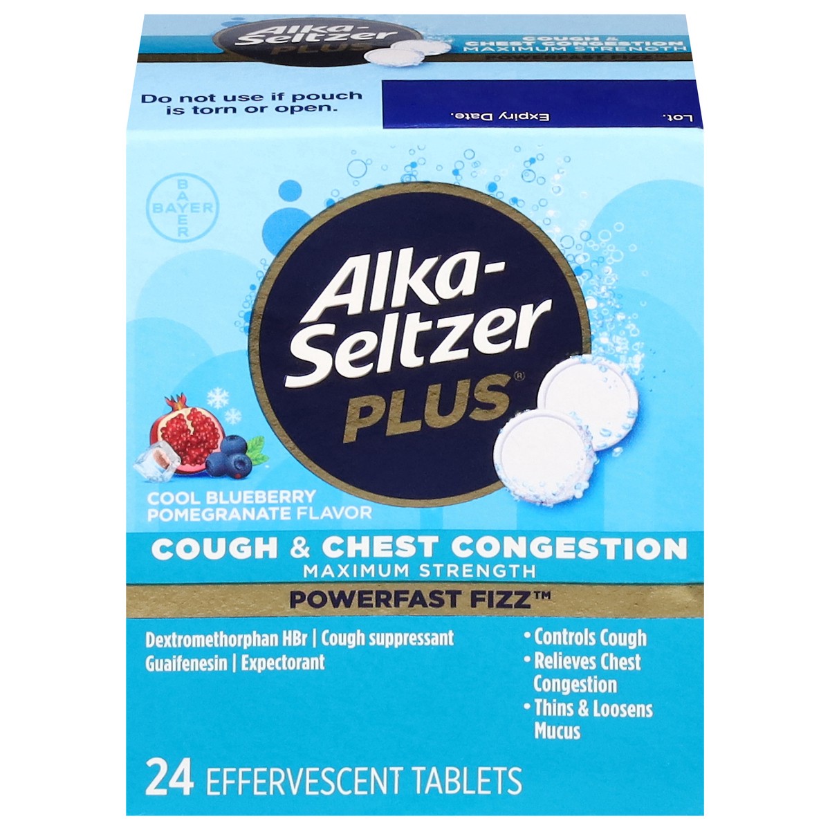 slide 1 of 13, Alka-Seltzer PowerFast Fizz Maximum Strength Cool Blueberry Pomegranate Flavor Cough & Chest Congestion 24 ea, 24 ct