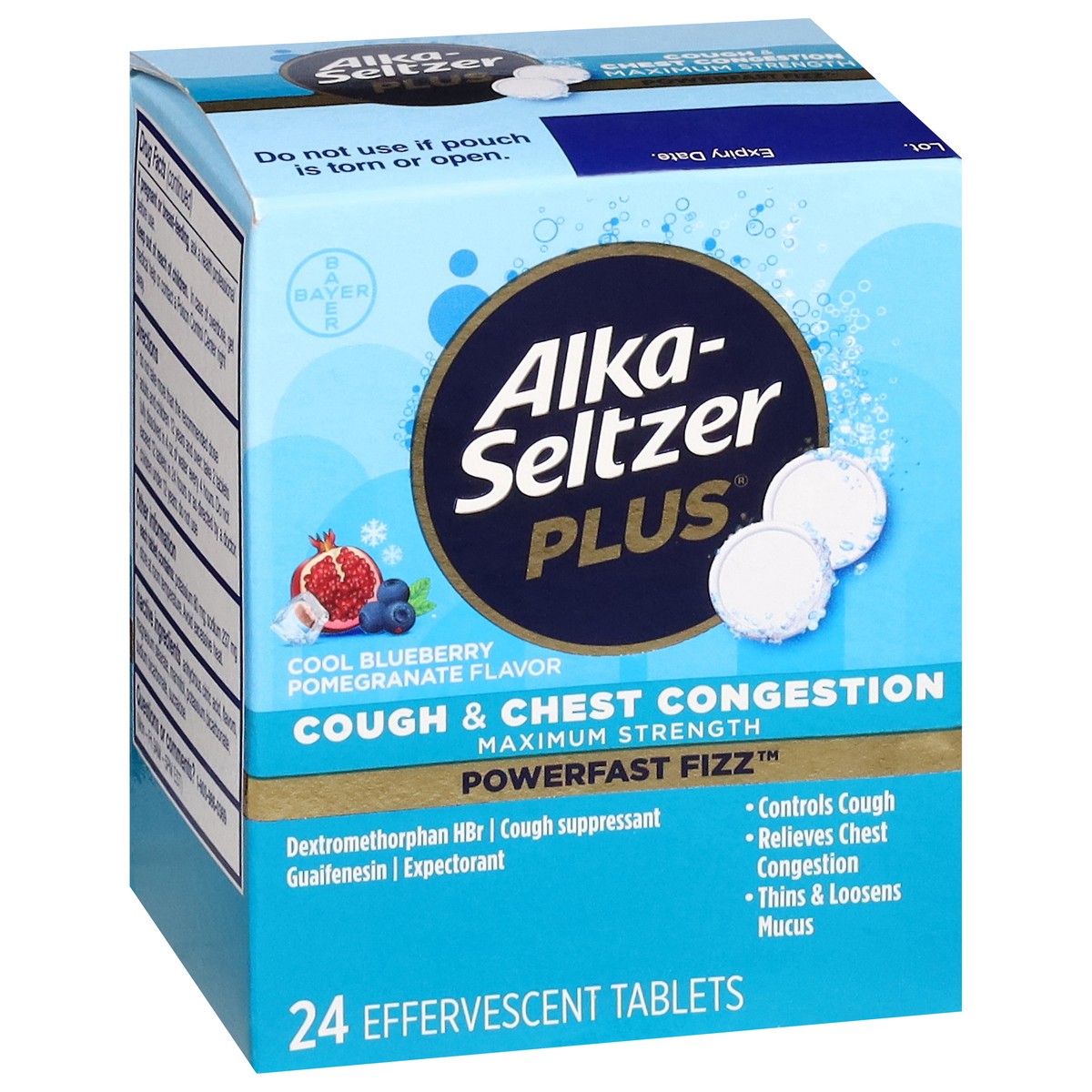 slide 2 of 13, Alka-Seltzer PowerFast Fizz Maximum Strength Cool Blueberry Pomegranate Flavor Cough & Chest Congestion 24 ea, 24 ct