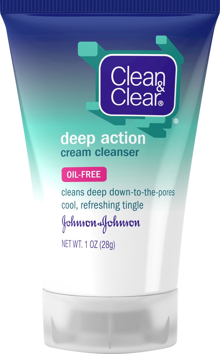 slide 2 of 7, Clean & Clear Oil-Free Deep Action Cream Facial Cleanser with Salicylic Acid Acne Medication, Cooling Face Wash for Deep Pore Cleansing of Acne-Prone Skin, 1 oz, 1 oz