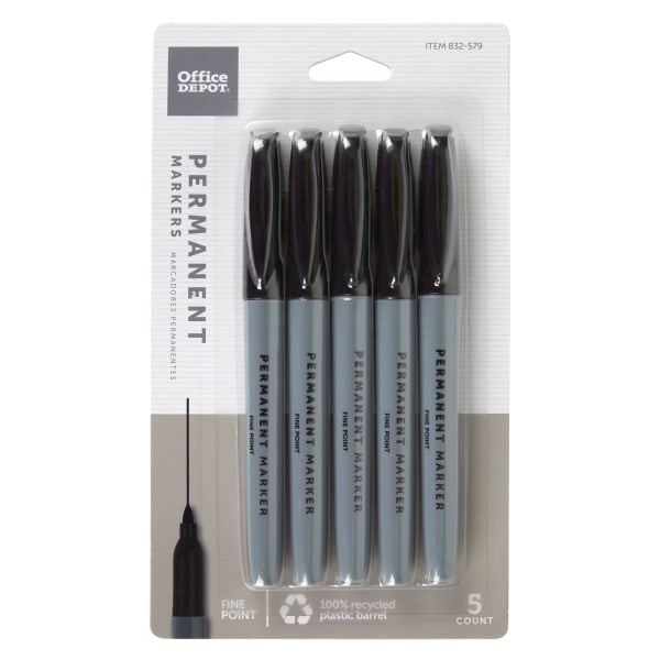 slide 1 of 2, Office Depot Brand Permanent Markers, Fine Point, 100% Recycled, Black Ink, Pack Of 5, 5 ct