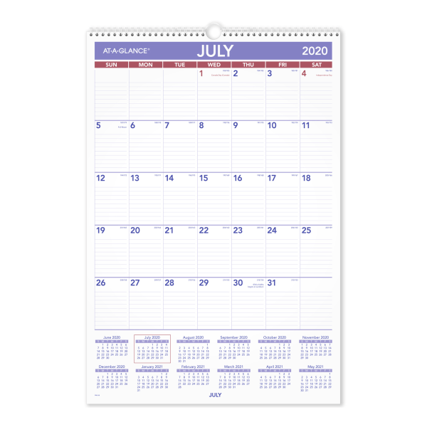 slide 1 of 4, At-A-Glance Academic Monthly Wall Calendar, 15-1/2'' X 22-3/4'', Blue/Red/White, July 2020 To June 2021, Ay328, 1 ct