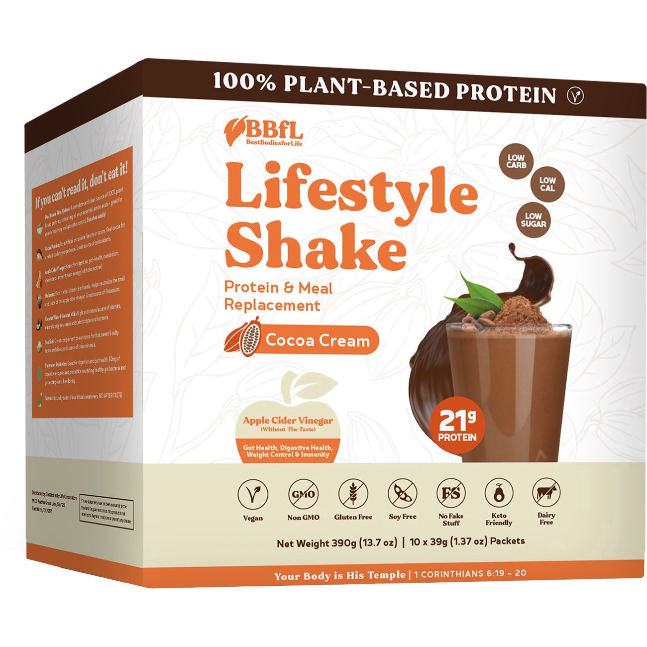 slide 1 of 1, BestBodiesforLife 21g Plant-Based Protein & Meal Replacement Lifestyle Shake Packets - Cocoa Cream, 10 ct