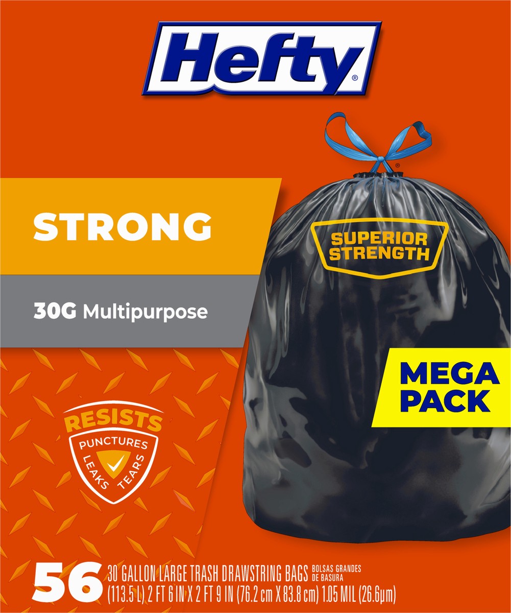 slide 2 of 9, Hefty Strong 30 Gallon Multipurpose Drawstring Trash Bags Mega Pack Large 56 ea, 56 ct