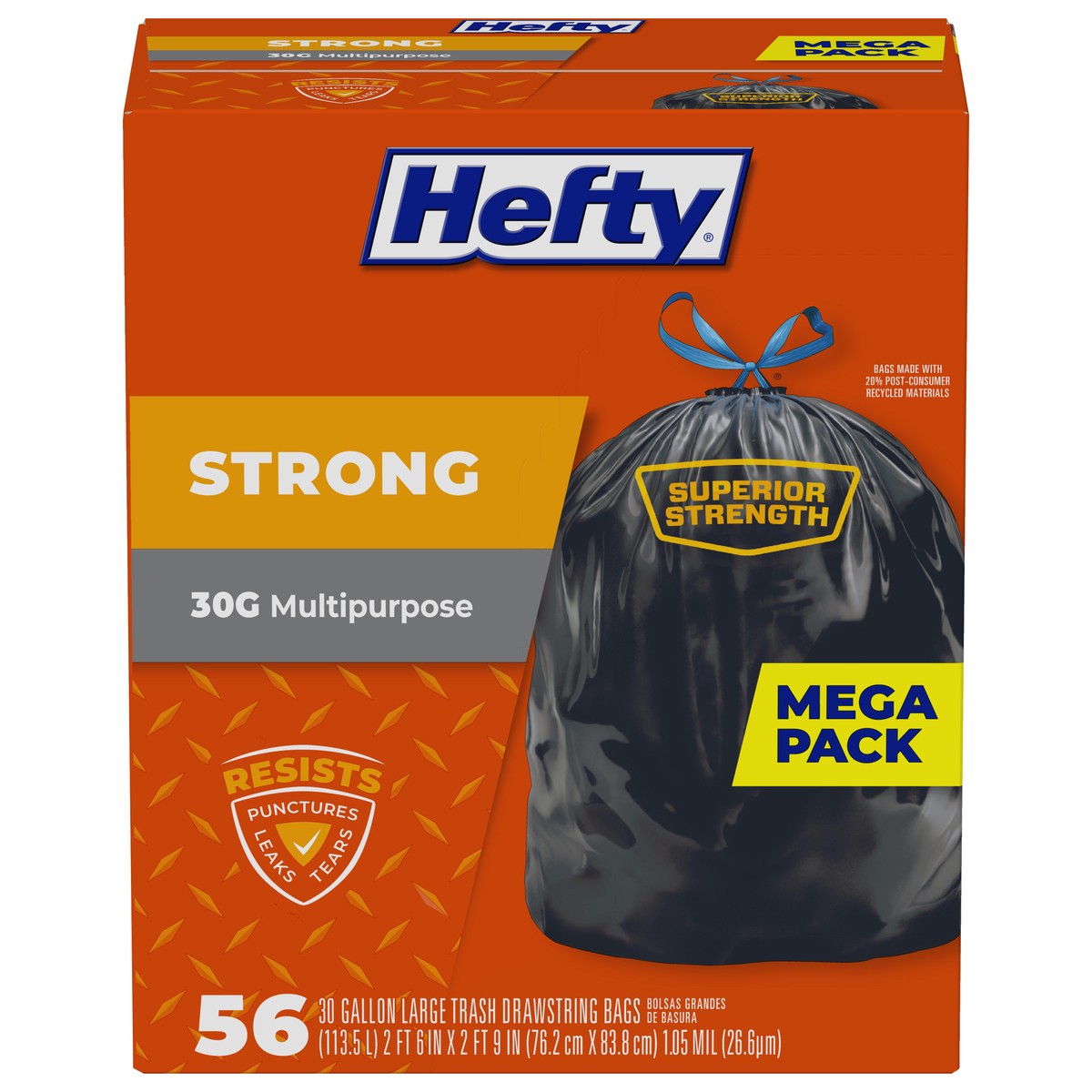 slide 1 of 9, Hefty Strong 30 Gallon Multipurpose Drawstring Trash Bags Mega Pack Large 56 ea, 56 ct