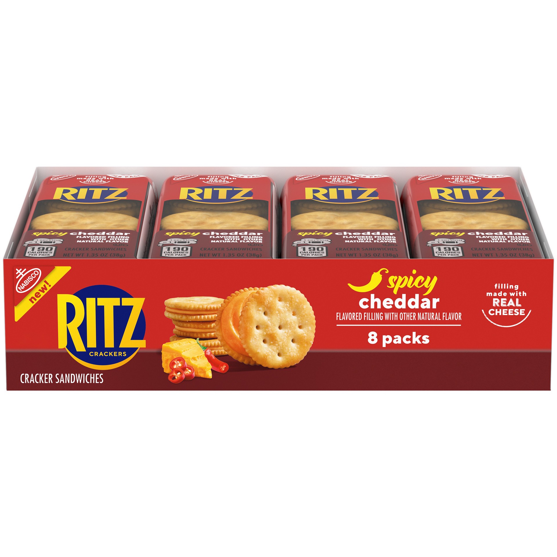 slide 1 of 5, RITZ Spicy Cheddar Cheese Sandwich Crackers, Lunch Snacks, 8 Snack Packs (6 Crackers Per Pack), 10.8 oz