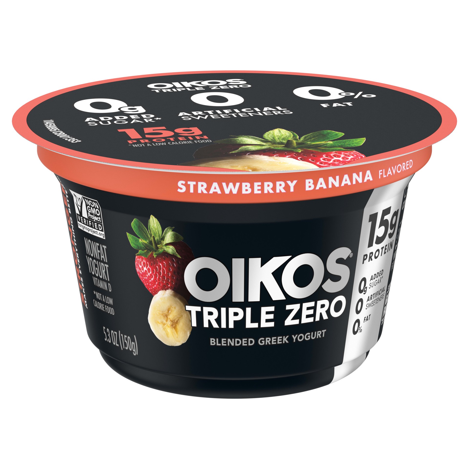 slide 2 of 5, Oikos Triple Zero Strawberry Banana Nonfat Greek Yogurt, 0% Fat, 0g Added Sugar and 0 Artificial Sweeteners, Just Delicious High Protein Yogurt, 5.3 OZ Cup, 5.3 oz