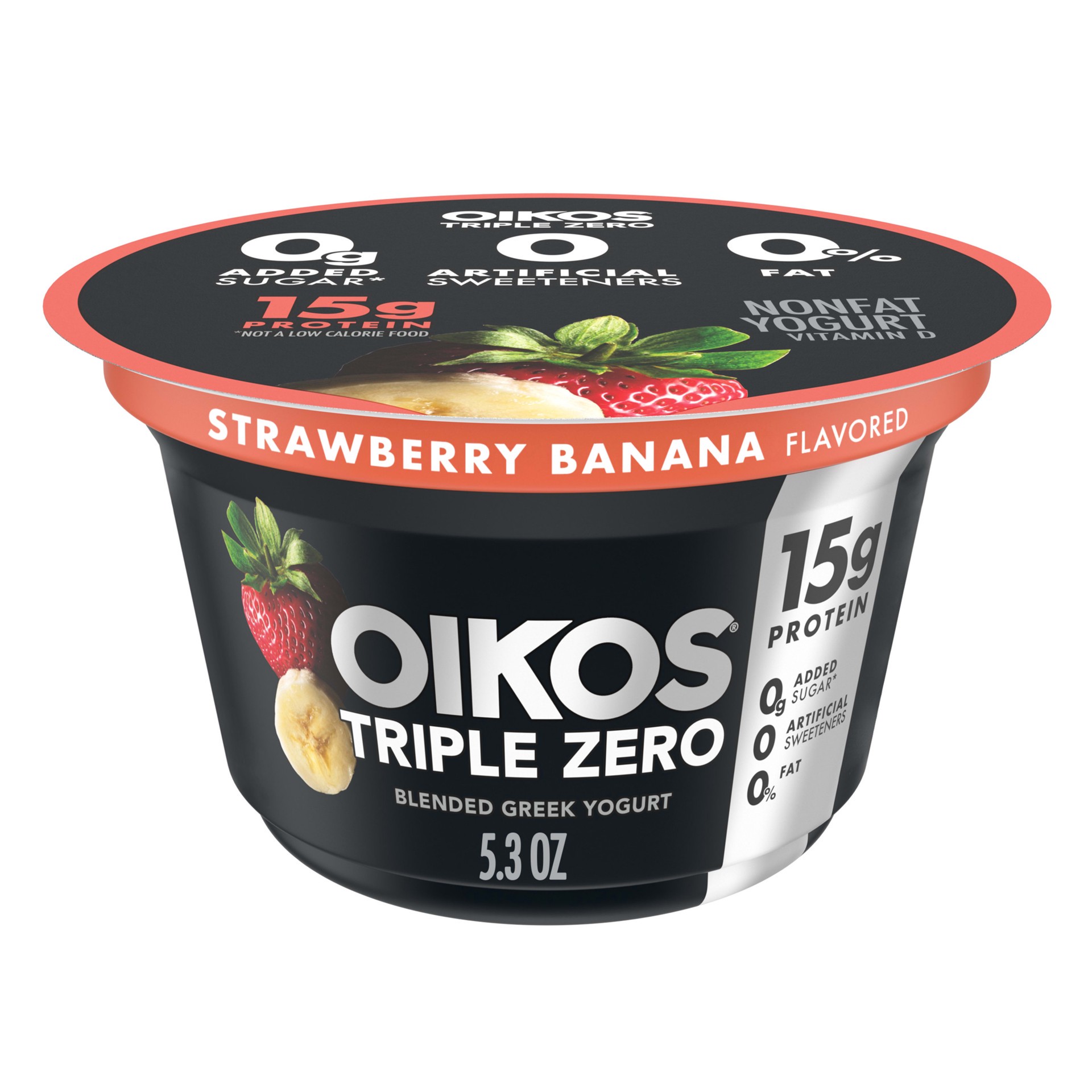 slide 1 of 5, Oikos Triple Zero Strawberry Banana Nonfat Greek Yogurt, 0% Fat, 0g Added Sugar and 0 Artificial Sweeteners, Just Delicious High Protein Yogurt, 5.3 OZ Cup, 5.3 oz