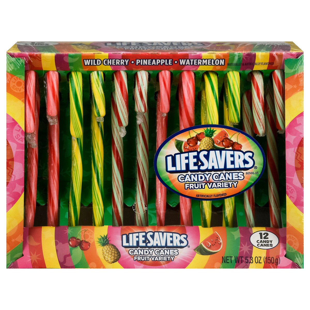 slide 1 of 9, Life Savers Fruit Variety Wild Cherry/Pineapple/Watermelon Candy Canes 12 ea, 12 ct